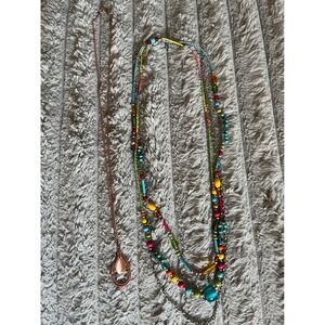 Boho Beaded Multi Strand Necklace & Rose Gold Teardrop Pendant Lot 2pc